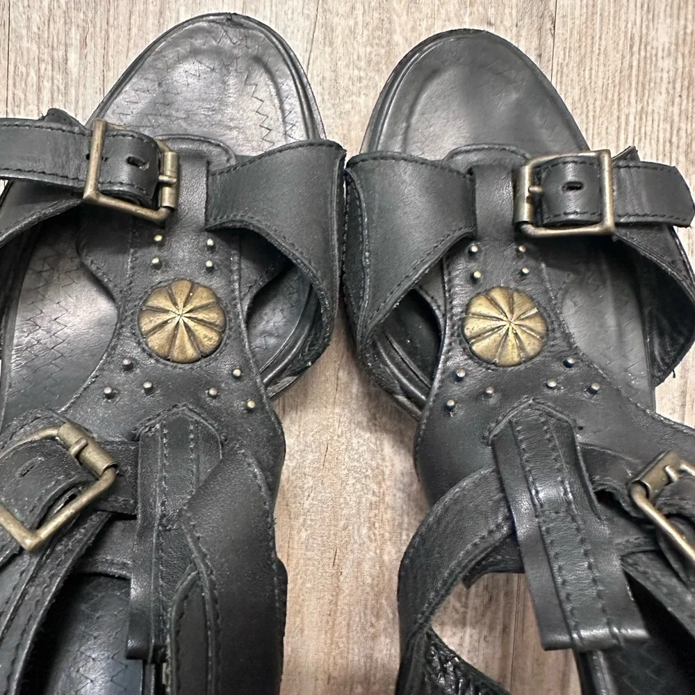 Manolo Blahnik Black Leather Buckle Sandals Brass Medallion Vintage Heels